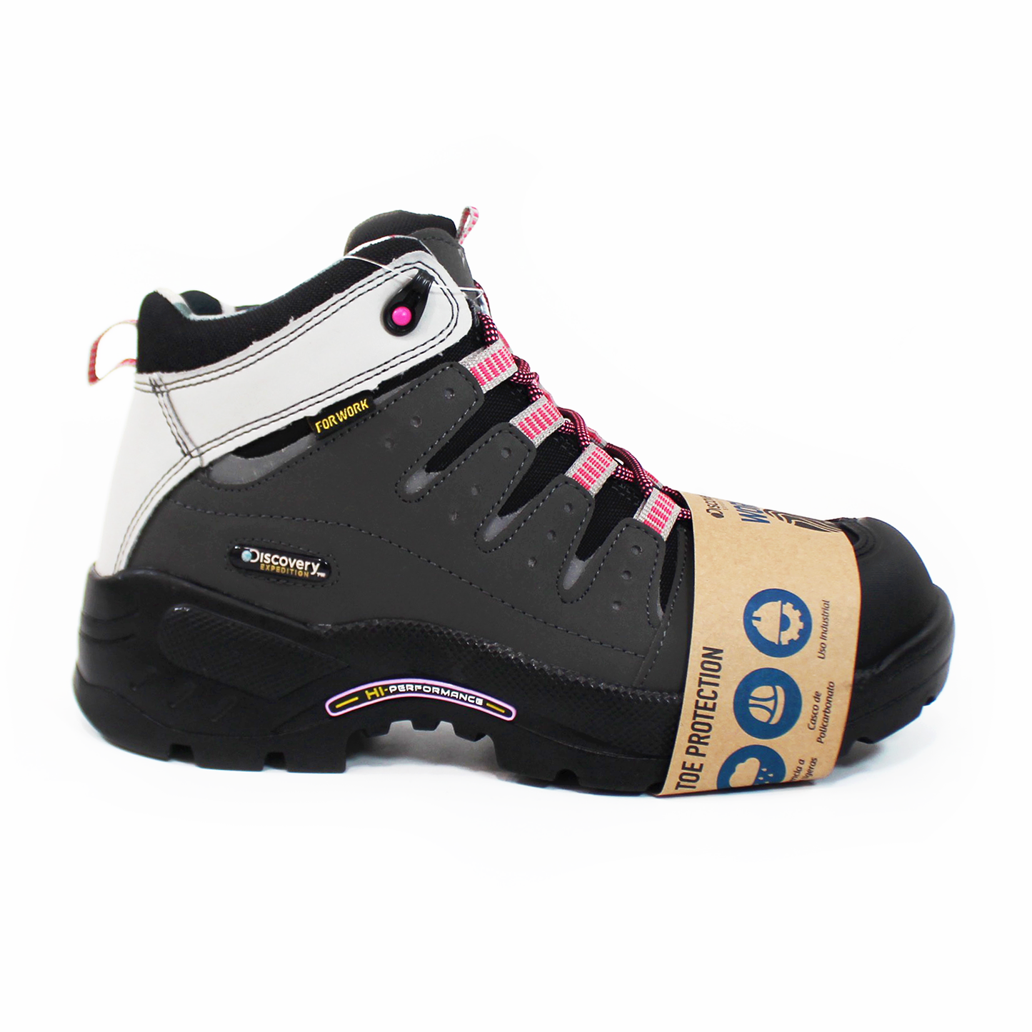 Bota de Trabajo para Mujer Working Negra con Casco de Policarbonato y cintas Rosas DISCOVERY