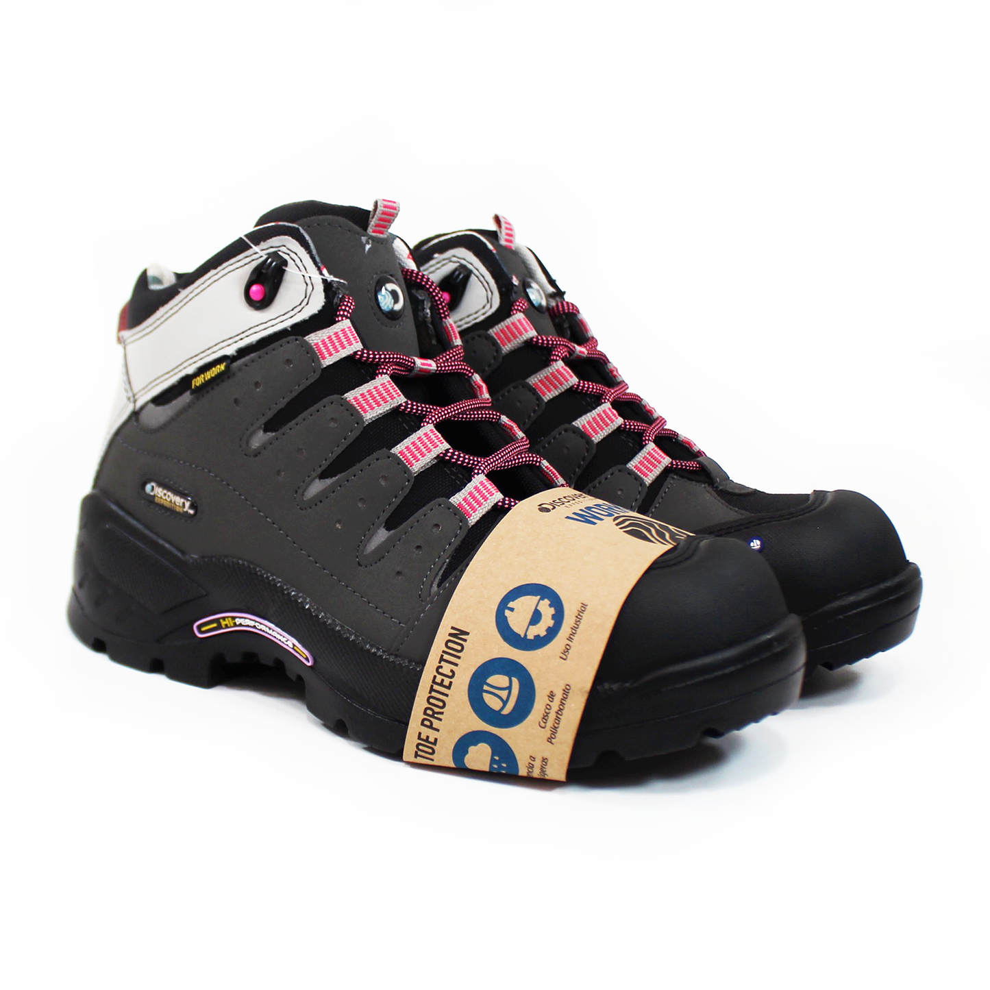Bota de Trabajo para Mujer Working Negra con Casco de Policarbonato y cintas Rosas DISCOVERY