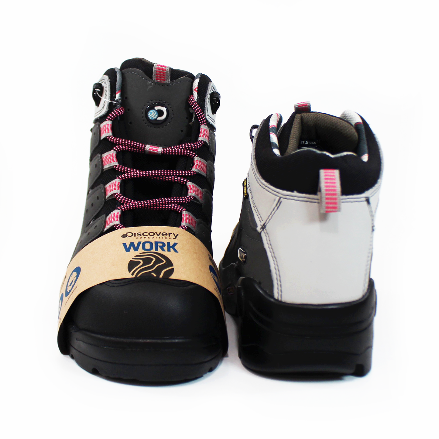 Bota de Trabajo para Mujer Working Negra con Casco de Policarbonato y cintas Rosas DISCOVERY