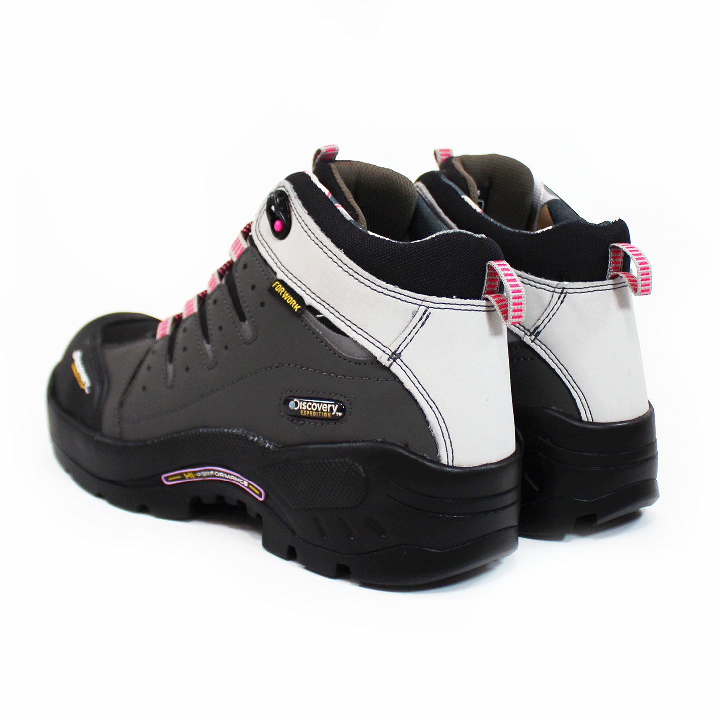 Bota de Trabajo para Mujer Working Negra con Casco de Policarbonato y cintas Rosas DISCOVERY