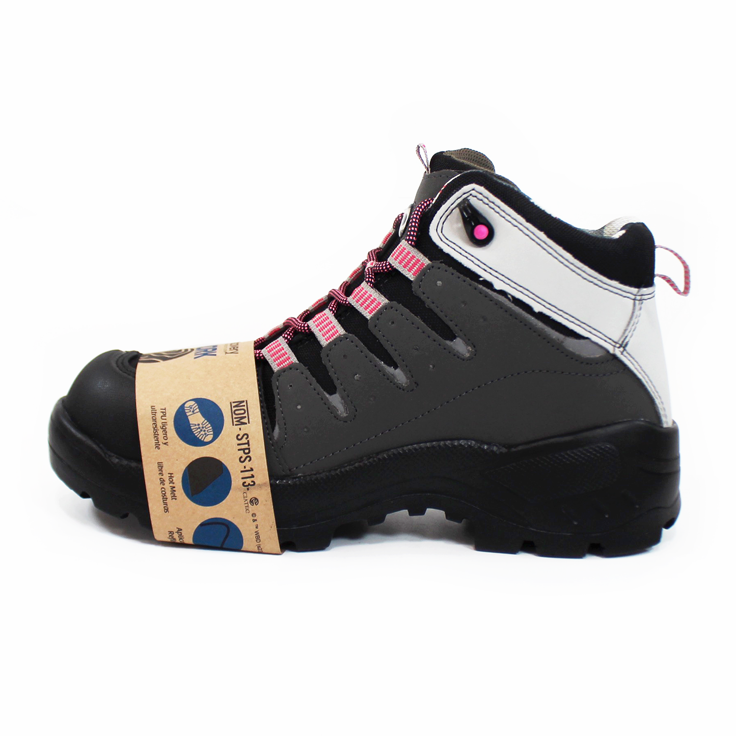 Bota de Trabajo para Mujer Working Negra con Casco de Policarbonato y cintas Rosas DISCOVERY