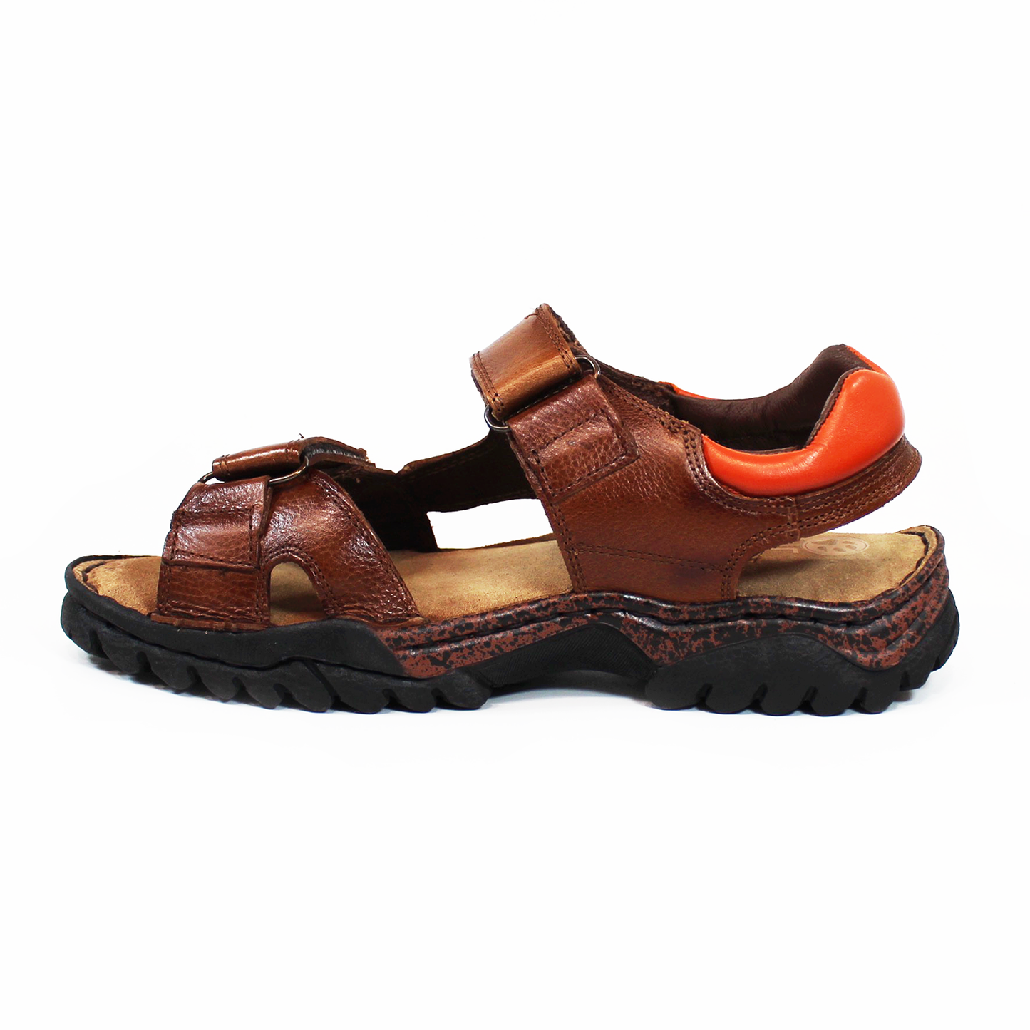 Sandalia Confort LOBO SOLO de Piel Doble Velcro Café con Detalle Talón Naranja de Caballero