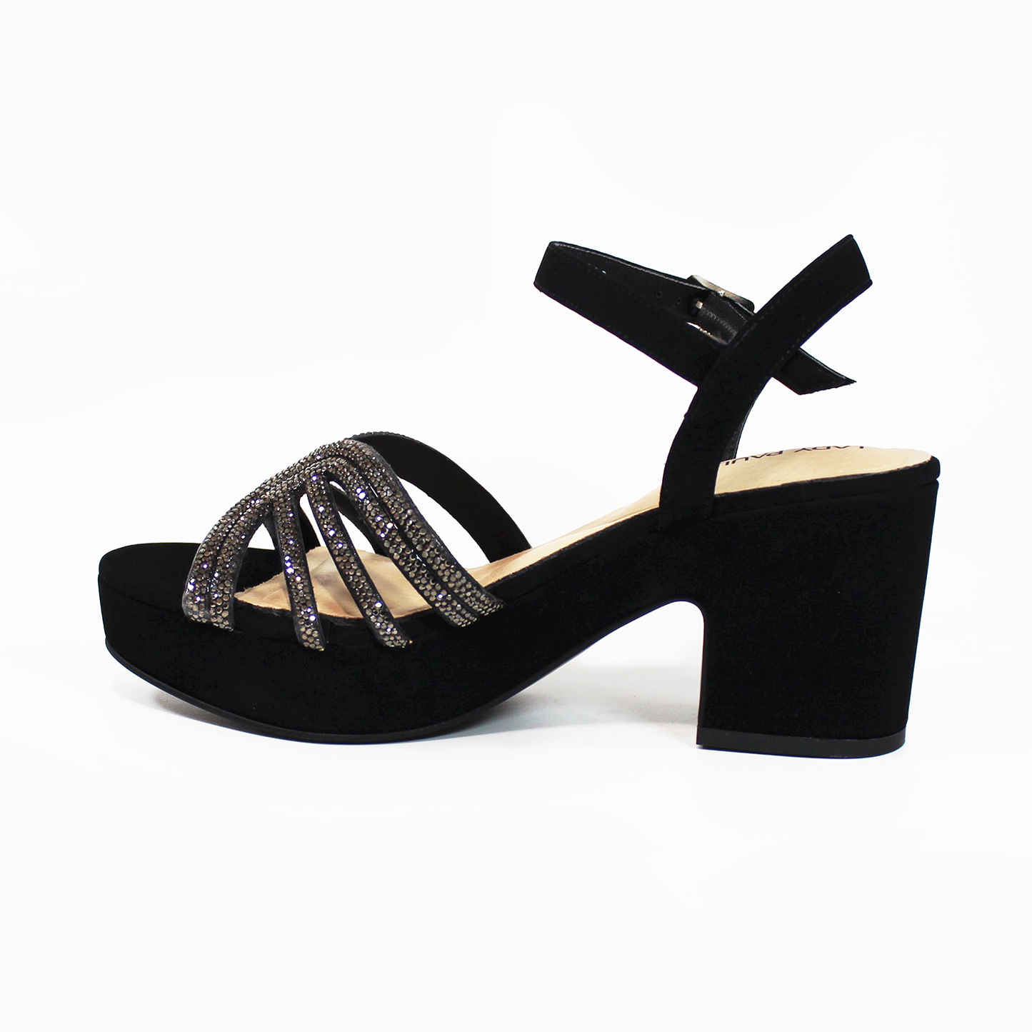 Sandalia Plataforma de Fiesta Negro Ante con Brillos LADY PAULINA