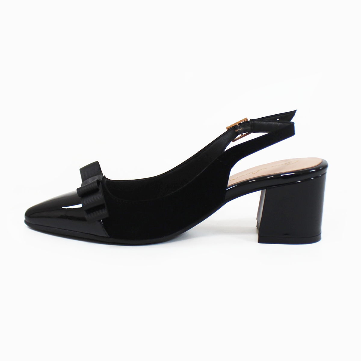 Zapatilla Slingback Puntal con Moño Negro Ante con Charol y Memory Foam de Dama G.LOREN