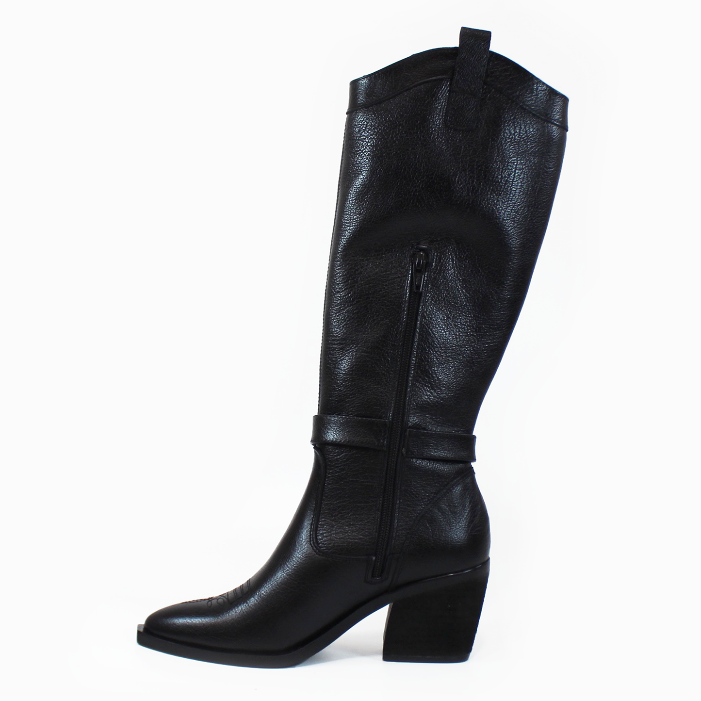 Bota Vaquera de Piel Negro con Cinto en Tubo de Dama PIEDRANGULAR