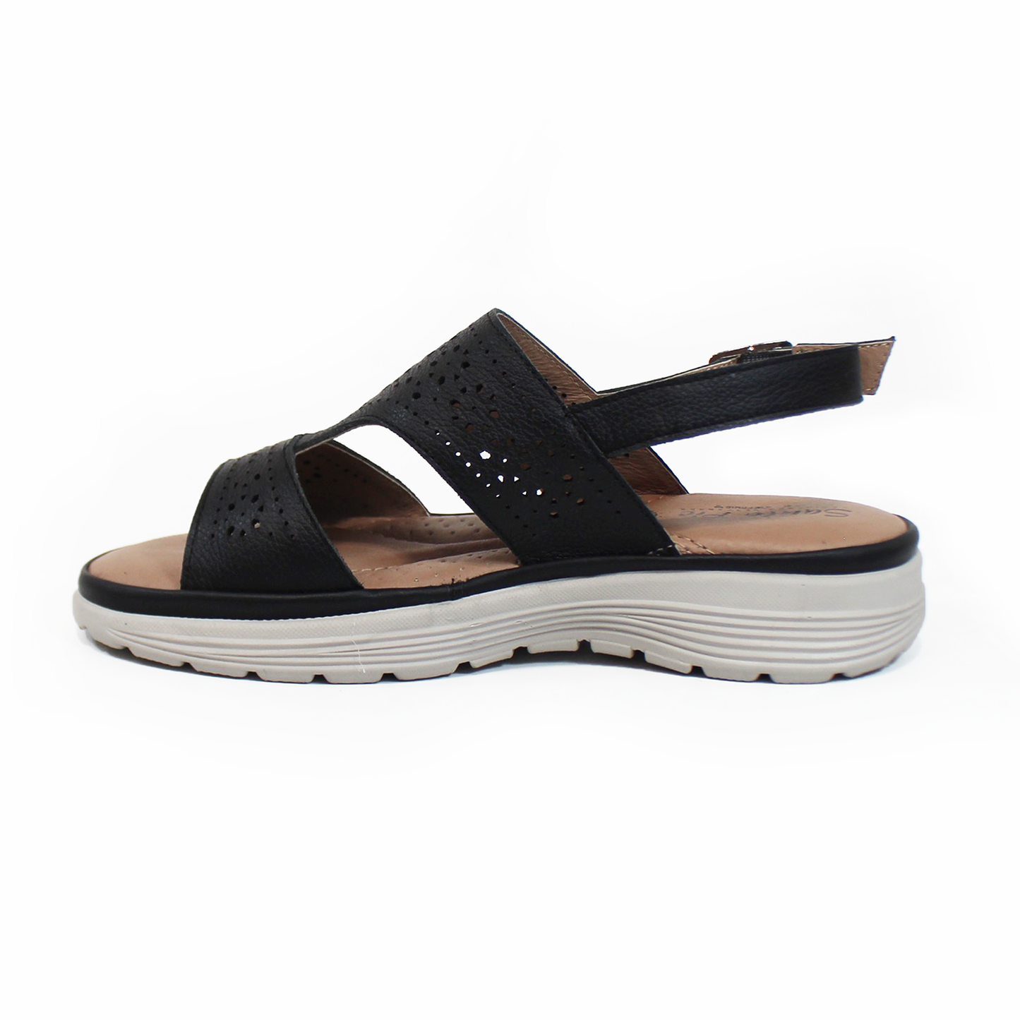 Sandalia Confort de Piel Negra con Perforaciones con Correa en tobillo de Dama STEFANIA