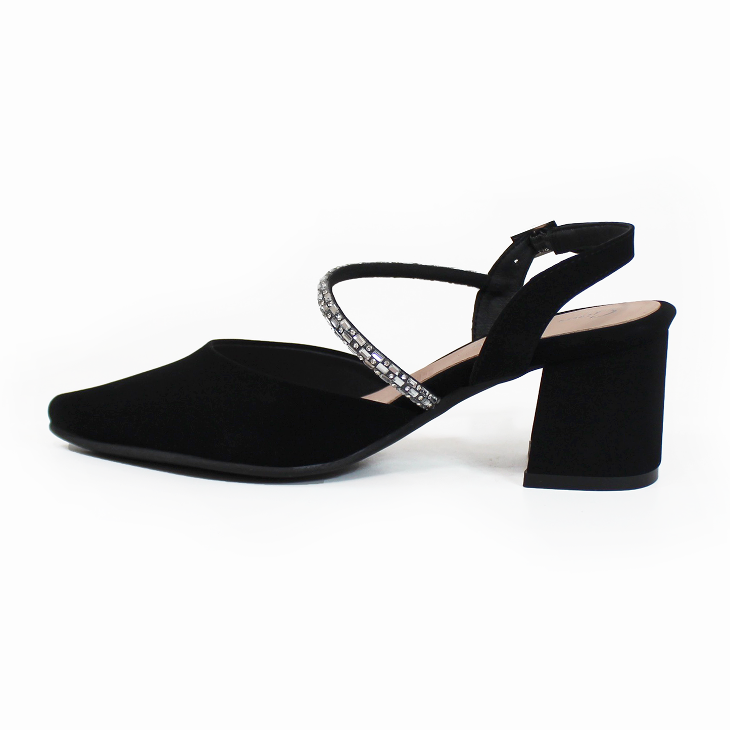 Zapatilla Tacon Cuadrado Negro Ante con Tira de Brillos en Empeine y Memory Foam G.LOREN
