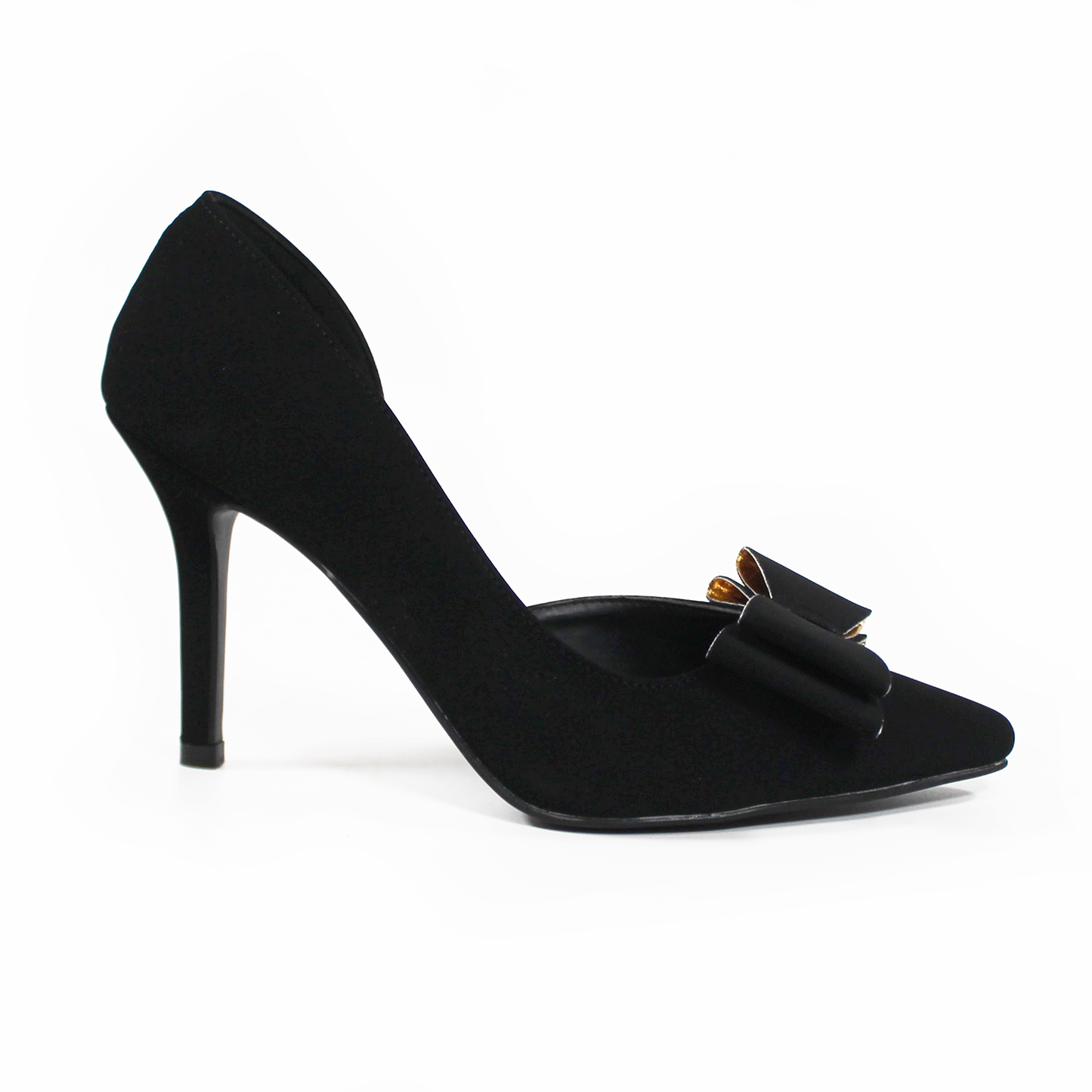 Stiletto Negro Ante Lateral Semiabierto con Moño y Detalles Dorados LADY PAULINA