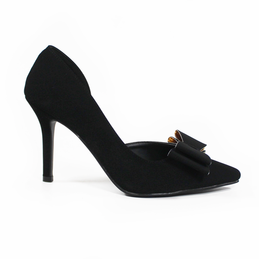 Stiletto Negro Ante Lateral Semiabierto con Moño y Detalles Dorados LADY PAULINA
