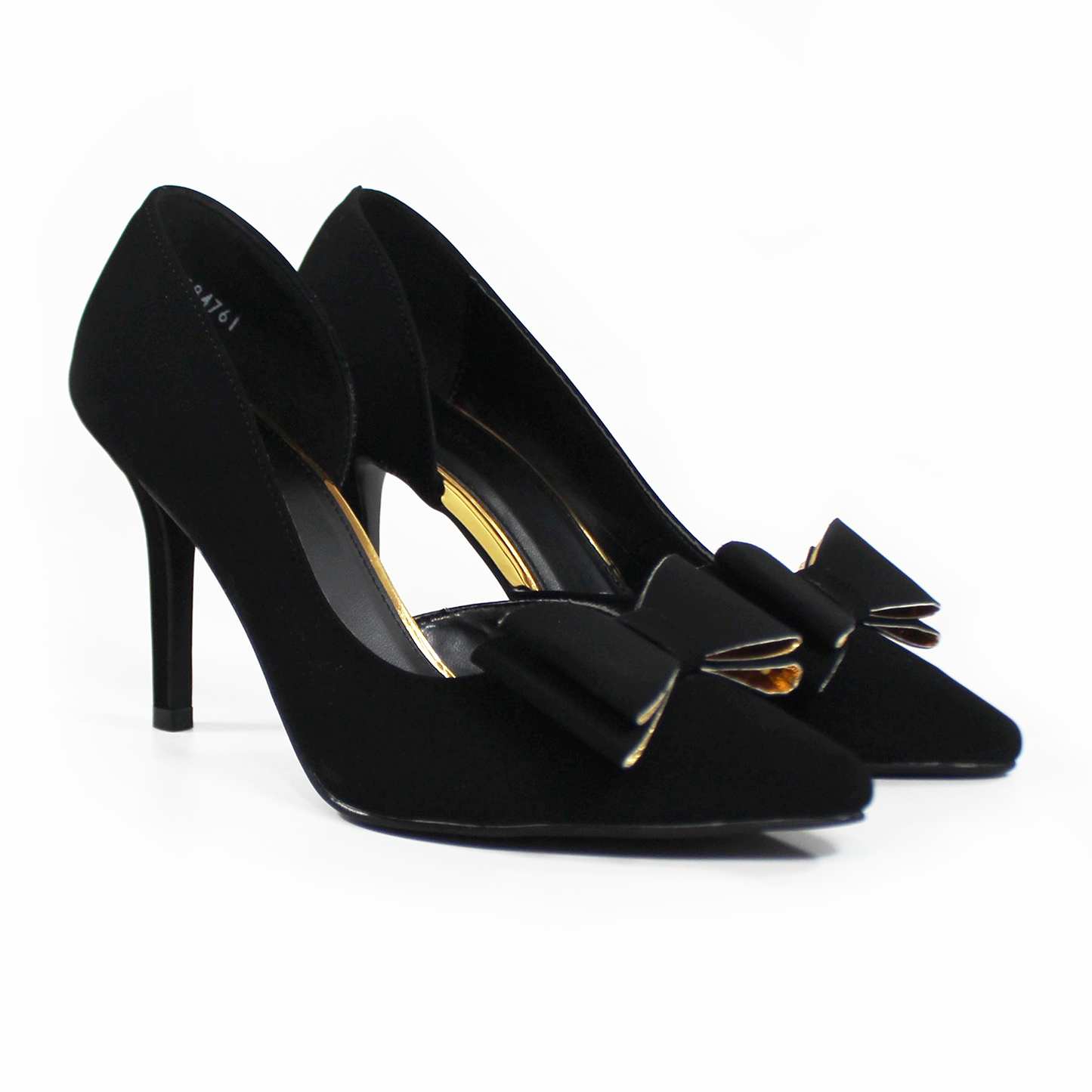 Stiletto Negro Ante Lateral Semiabierto con Moño y Detalles Dorados LADY PAULINA
