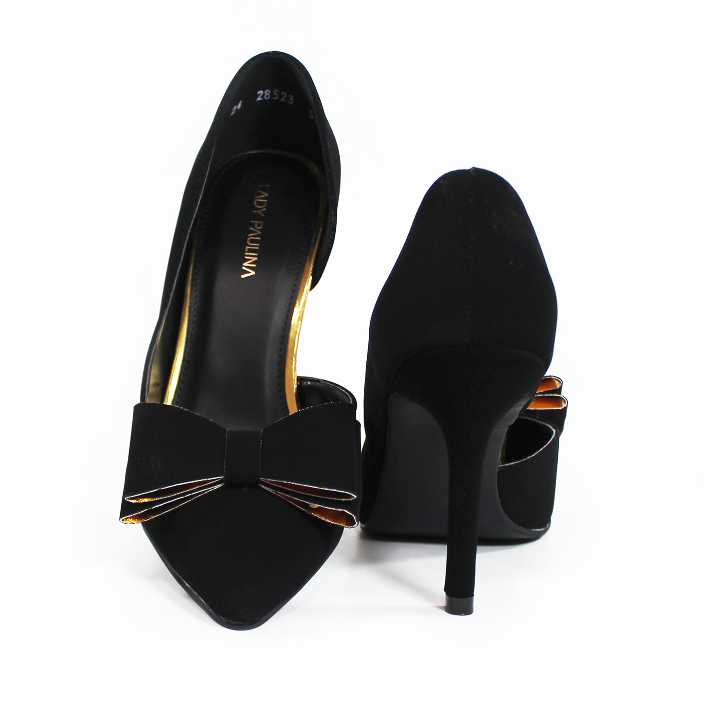 Stiletto Negro Ante Lateral Semiabierto con Moño y Detalles Dorados LADY PAULINA