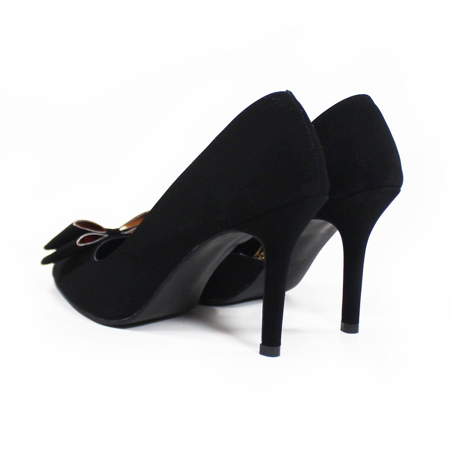 Stiletto Negro Ante Lateral Semiabierto con Moño y Detalles Dorados LADY PAULINA