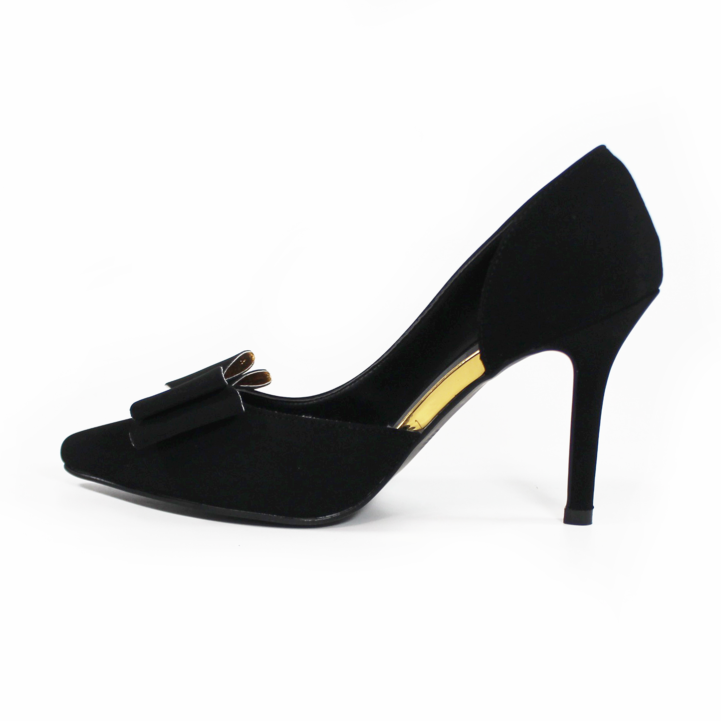 Stiletto Negro Ante Lateral Semiabierto con Moño y Detalles Dorados LADY PAULINA