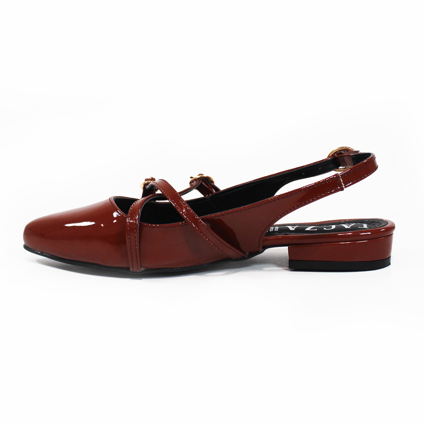 Flat Slingback Destalonada con Tiras Cruzadas Café Charol TACZA
