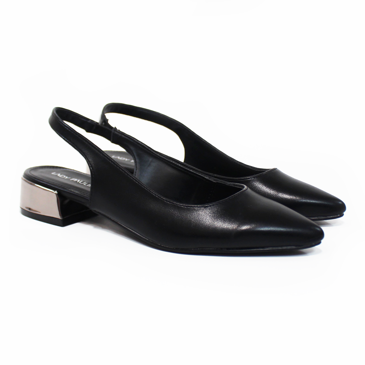 Zapatilla Slingback Puntal Negra con Mini Tacón Metalizado de Dama LADY PAULINA