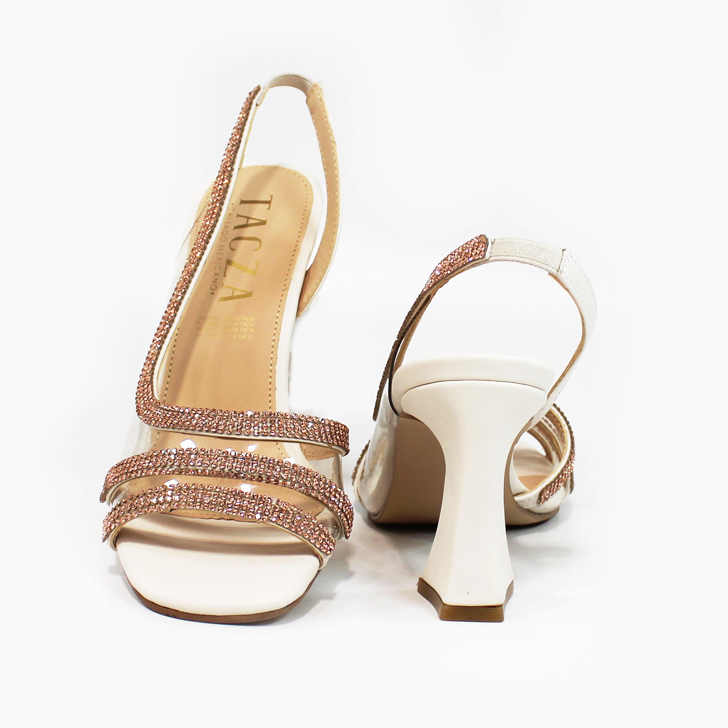 Zapatilla de Fiesta Destalonada y Abierta de Mica con Brillos Oro Rosado y Tacón Campana TACZA