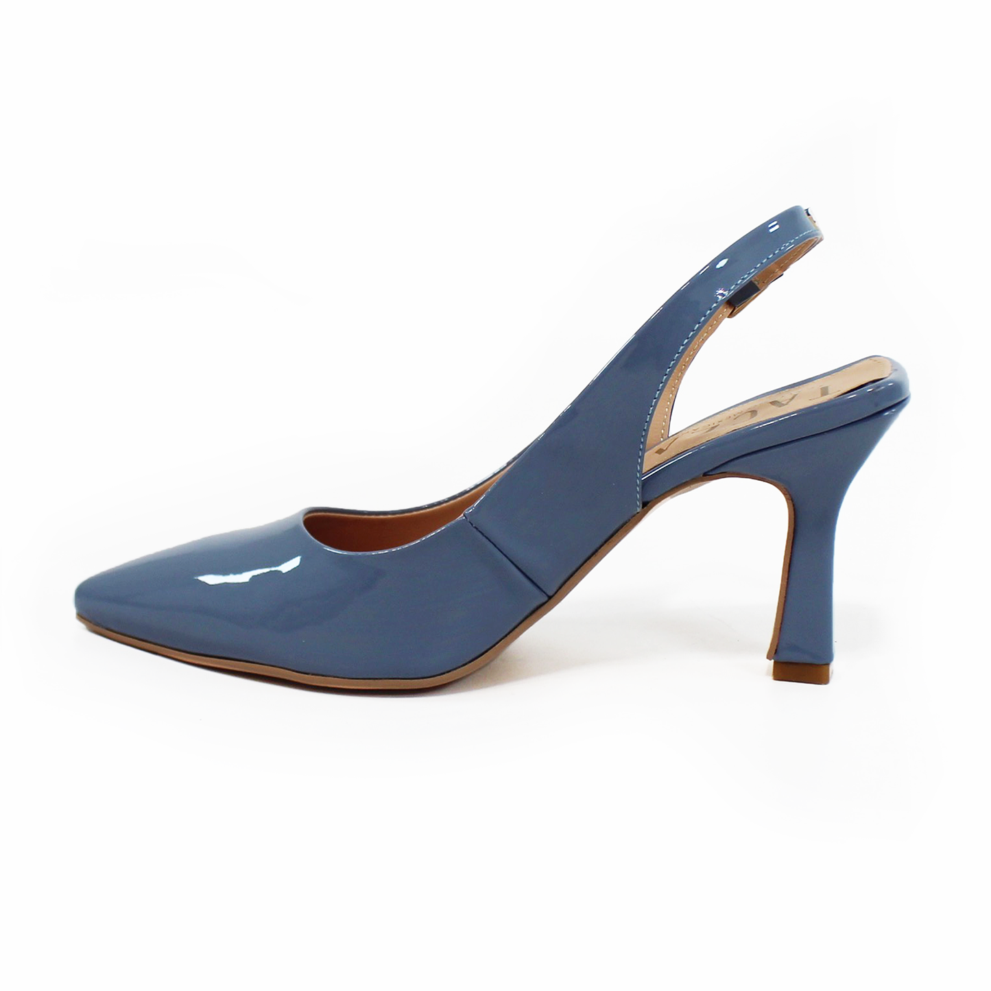 Zapatilla Slingback Puntal con tacón campana Destalonada Azul Charol de Dama TACZA