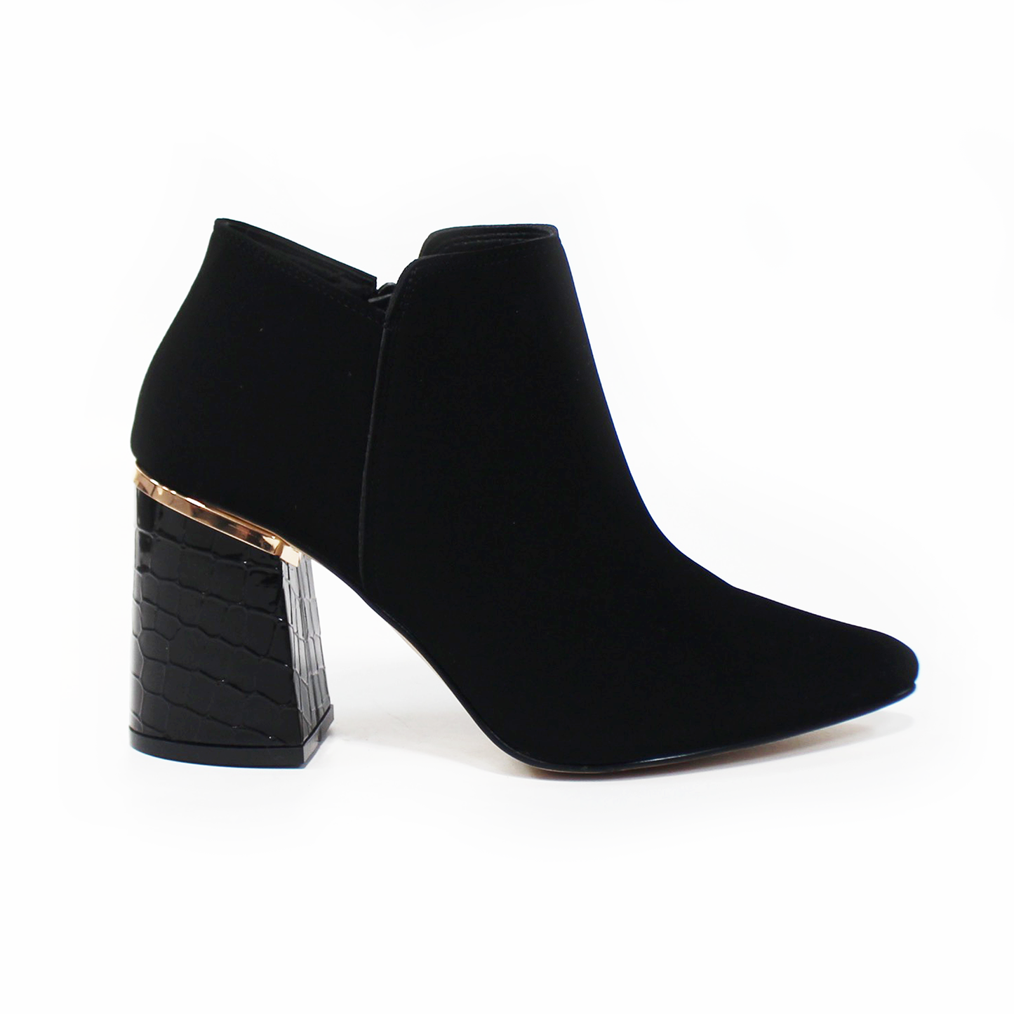 Botín Puntal Negro Ante con Tacón Lizard y Detalles Dorados de Dama TACZA