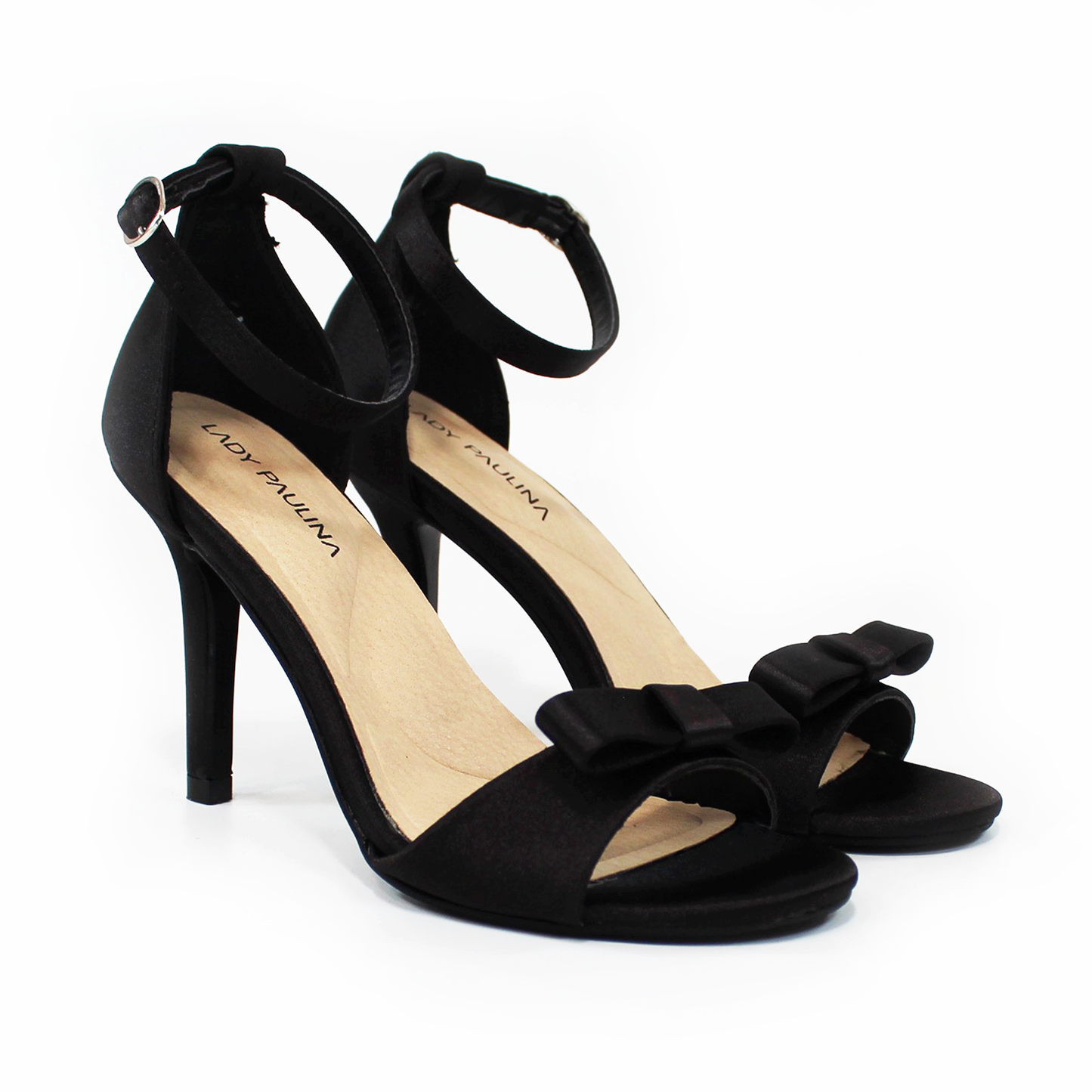 Sandalia de Fiesta Shantung Negro con Moño Tacón Stiletto de Dama LADY PAULINA