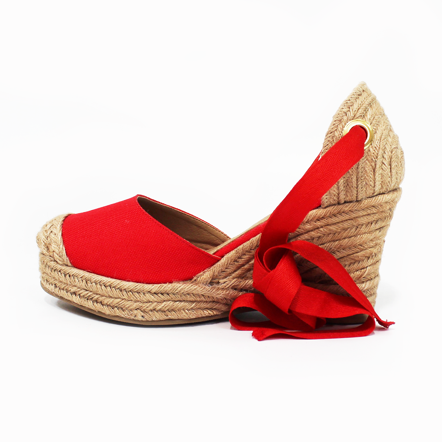 Alpargata Clásica de Plataforma Cuña con Lazos color Rojo y Punta con Yute TACZA