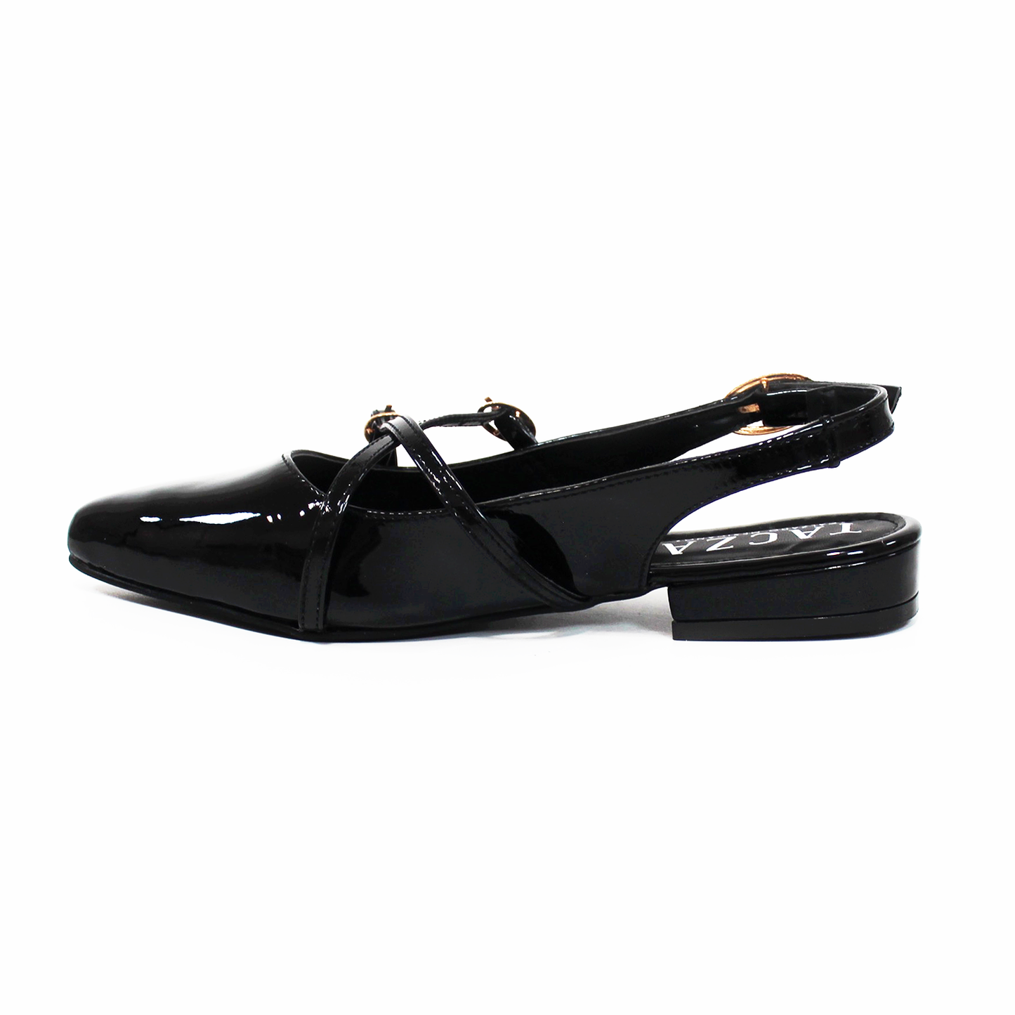 Flat Slingback Destalonada con Tiras Cruzadas Negro Charol TACZA