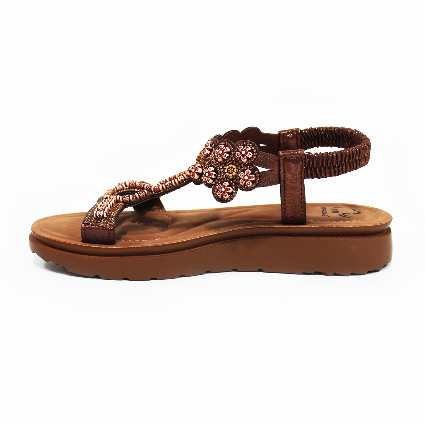 Sandalia NOMADAS con Flores y Elástico Cobre de Dama