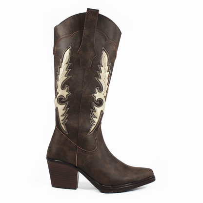 Bota Vaquera Café con Bordado Beige de Dama TACZA