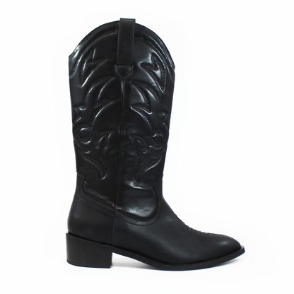 Bota Vaquera Cowboy Negra tacón Cuadrado Bajo de Mujer