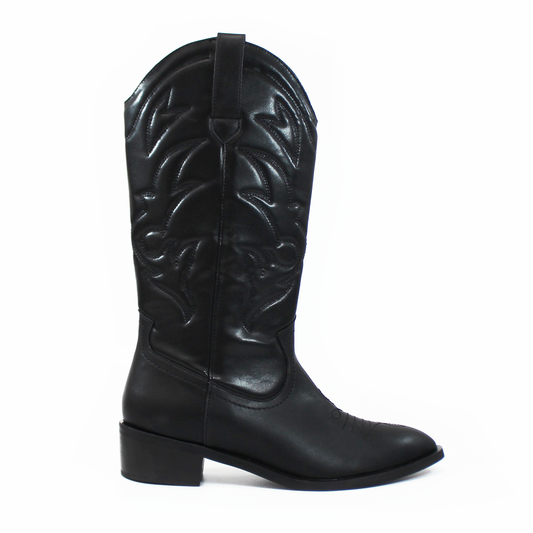 Bota Vaquera Cowboy Negra tacón Cuadrado Bajo de Mujer