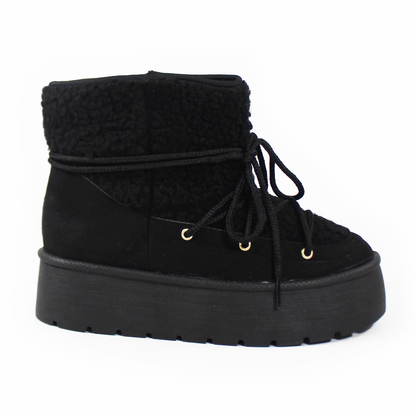 Bota de Invierno de Cintas con Borrega Negra de Plataforma de Dama ZTA