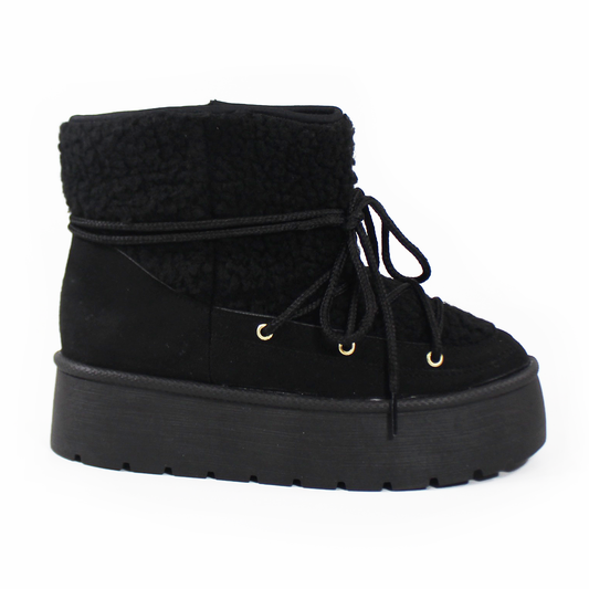 Bota de Invierno de Cintas con Borrega Negra de Plataforma de Dama ZTA
