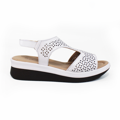 Sandalia Confort de Piel Blanca con Perforaciones y Velcro de Dama SUAVE CAMINAR