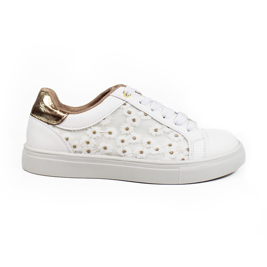 Tenis Blanco Casual de Niña con Flores y Dorado VAVITO