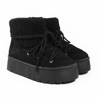 Bota de Invierno de Cintas con Borrega Negra de Plataforma de Dama ZTA