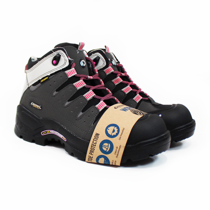 Bota de Trabajo para Mujer Working Negra con Casco de Policarbonato y cintas Rosas DISCOVERY