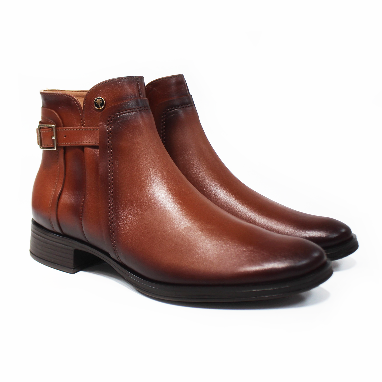 Botin de Piel Miel con Detalle de Hebilla y Cierre lateral de Dama VERDE TABACO