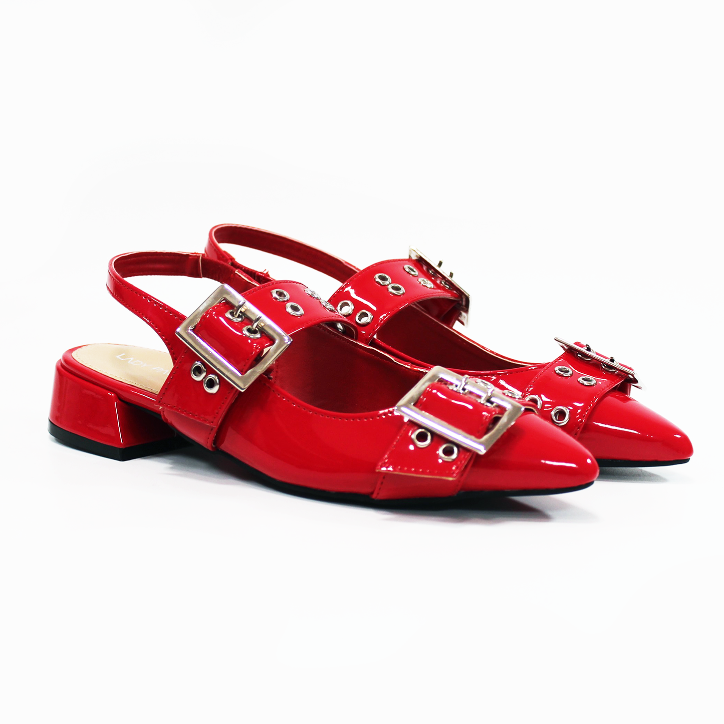 Flat Slingback Mule Rojo Charol con detalle de ojales y doble Hebilla de Dama LADY PAULINA