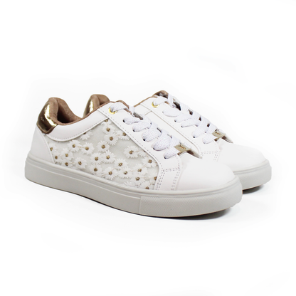 Tenis Blanco Casual de Niña con Flores y Dorado VAVITO