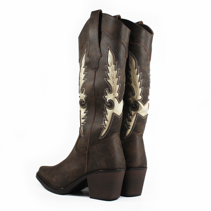 Bota Vaquera Café con Bordado Beige de Dama TACZA