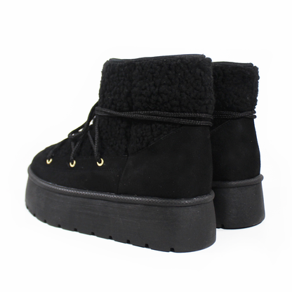 Bota de Invierno de Cintas con Borrega Negra de Plataforma de Dama ZTA