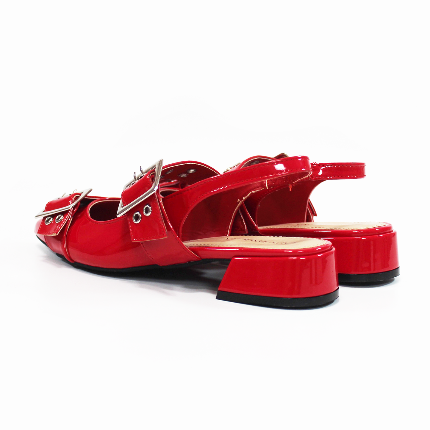 Flat Slingback Mule Rojo Charol con detalle de ojales y doble Hebilla de Dama LADY PAULINA