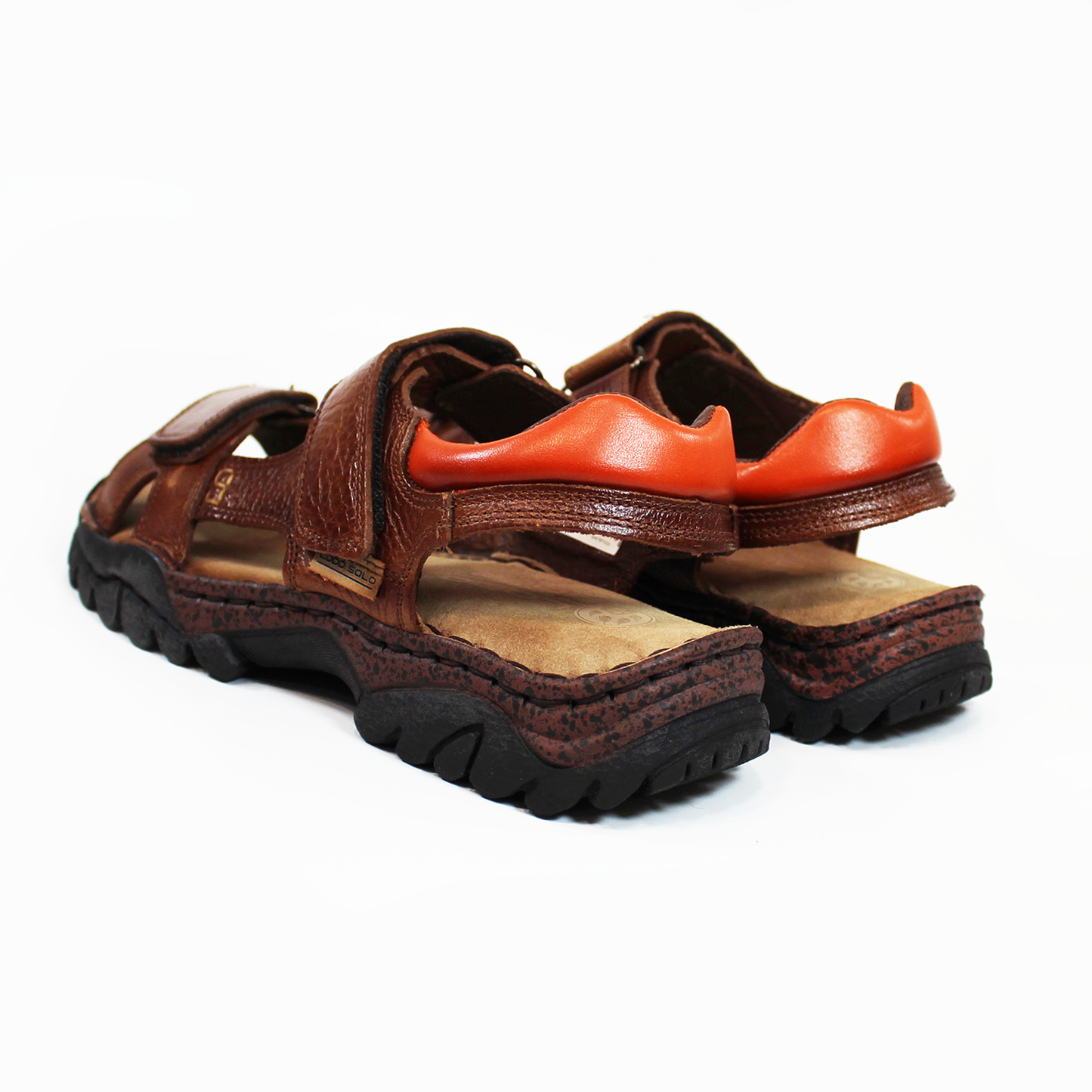 Sandalia Confort LOBO SOLO de Piel Doble Velcro Café con Detalle Talón Naranja de Caballero