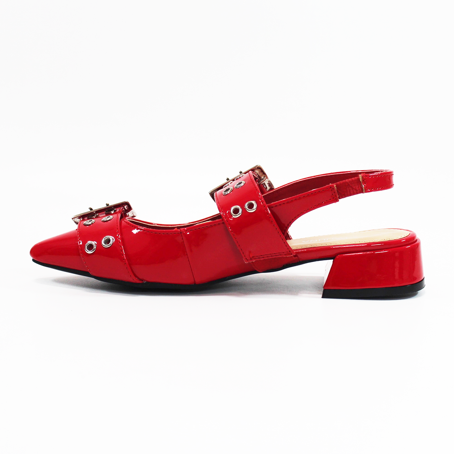 Flat Slingback Mule Rojo Charol con detalle de ojales y doble Hebilla de Dama LADY PAULINA