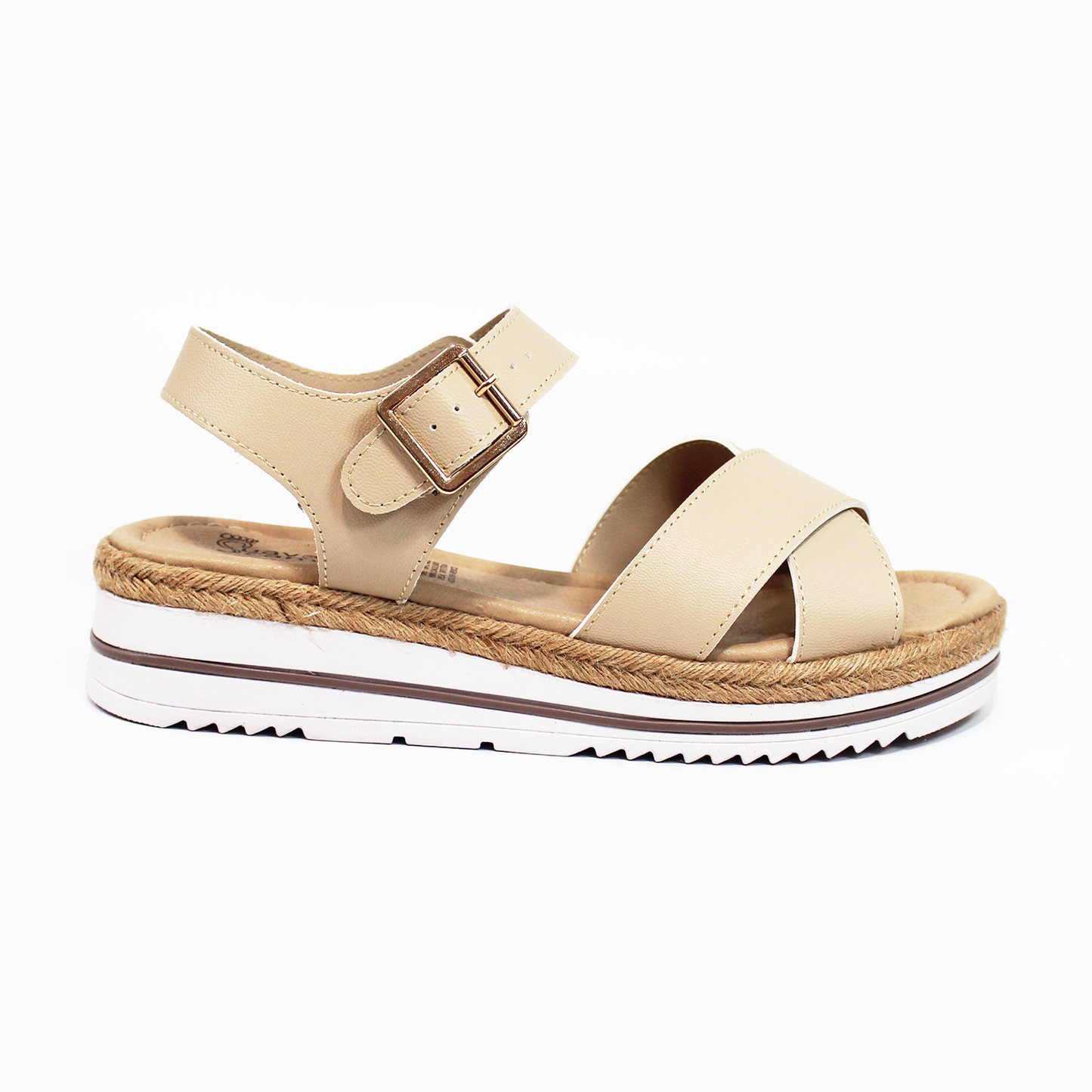 Sandalia Confort de Piel Beige Cruzada con Pulsera y Plataforma con Yute de Dama SUAVE CAMINAR