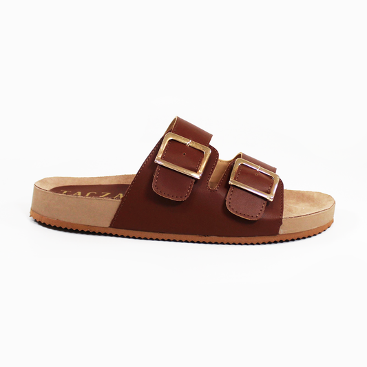 Sandalias de Piso Doble Hebilla Café de Dama TACZA