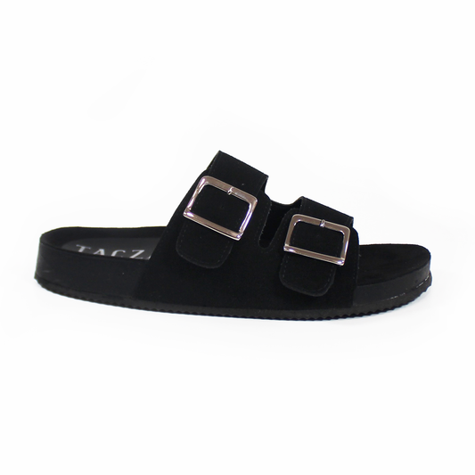 Sandalias de Piso Doble Hebilla Negro Gamuza de Dama TACZA