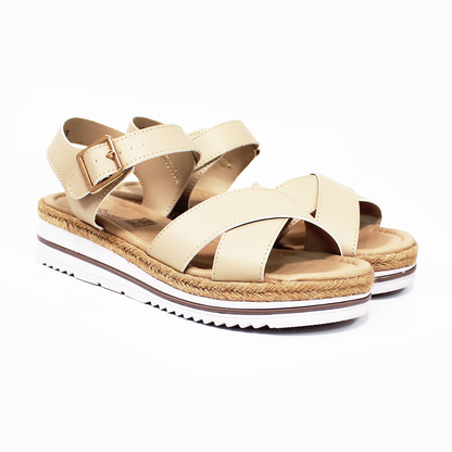 Sandalia Confort de Piel Beige Cruzada con Pulsera y Plataforma con Yute de Dama SUAVE CAMINAR