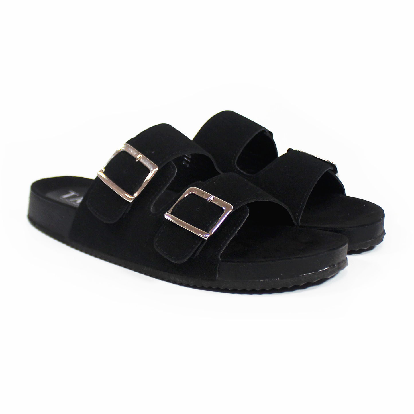 Sandalias de Piso Doble Hebilla Negro Gamuza de Dama TACZA