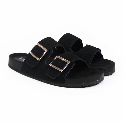 Sandalias de Piso Doble Hebilla Negro Gamuza de Dama TACZA