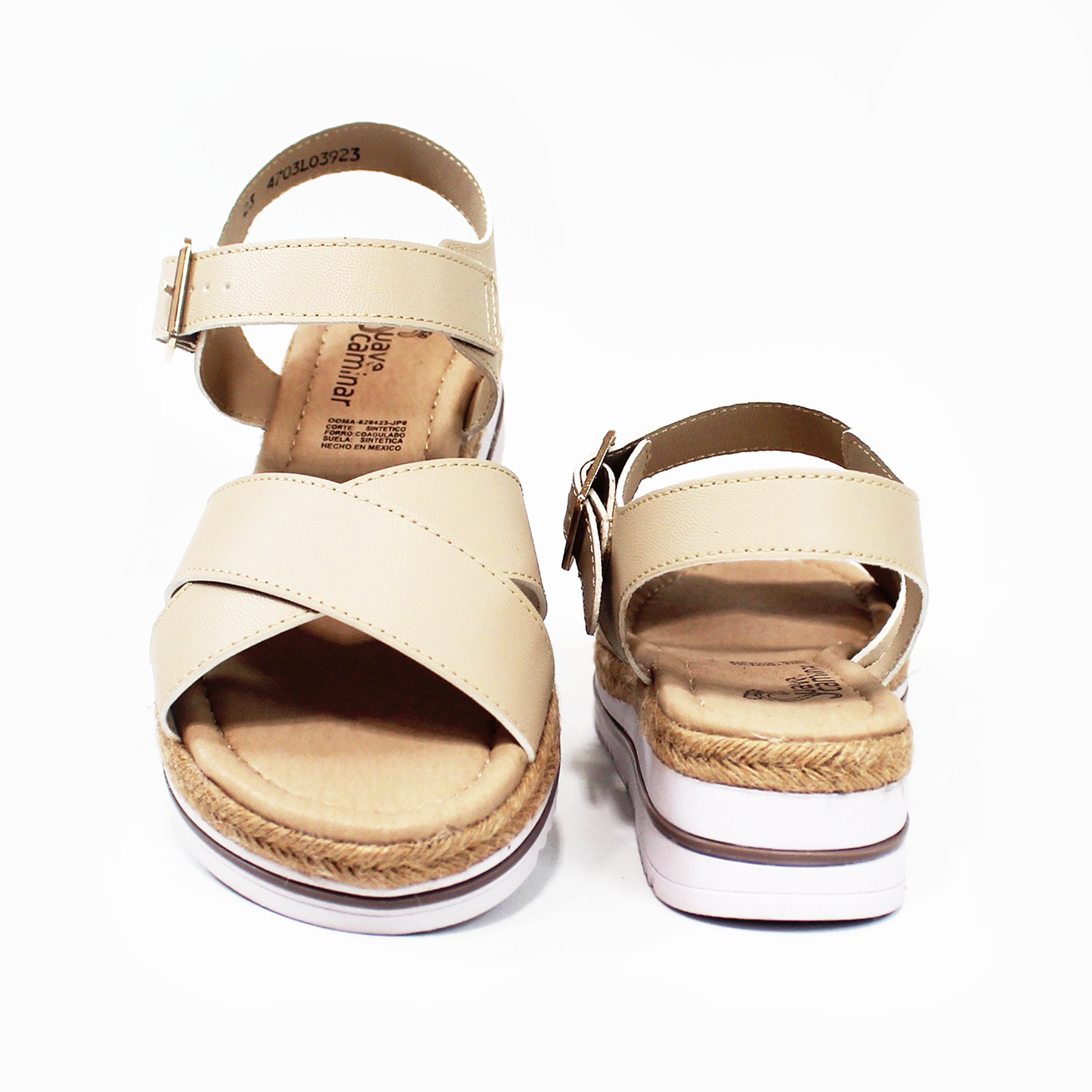 Sandalia Confort de Piel Beige Cruzada con Pulsera y Plataforma con Yute de Dama SUAVE CAMINAR